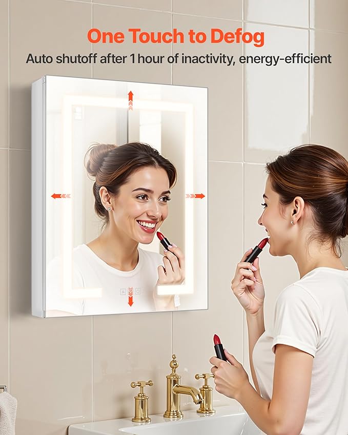 VEVOR Lighted Medicine Cabinet with Mirror, 20 x 26 in Recessed or Wall Mount, 3 Color Dimmable LED Bathroom Medicine Cabinet with Double-Side Mirror, Adjustable Shelves, Memory Anti-Fog Function