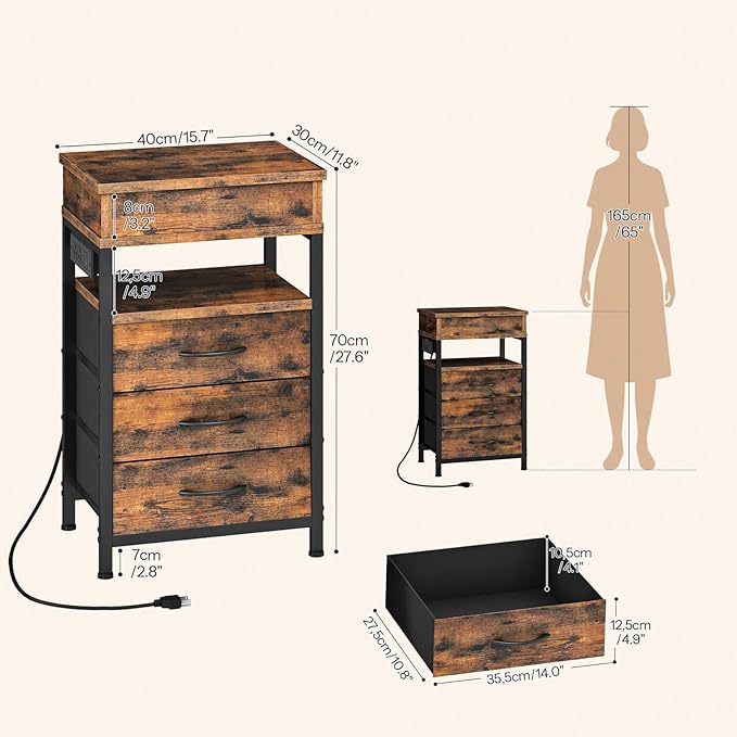 HOOBRO Nightstand with Charging Station, Bedside Table with Fabric Drawers, End Table with Lockable Hidden Compartment, 2 AC Outlets, 1 USB-A, 1 Type-C, for Bedroom, Rustic Brown and Black BF143UBZ01