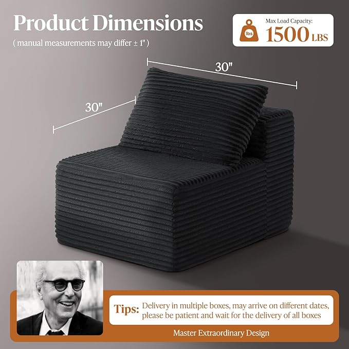 30" Cloud Sectional Couch Single Seat for Living Room, Extra Deep Seats No Assembly, Minimalist Modular Couch, Corduroy (Black, Single seat)