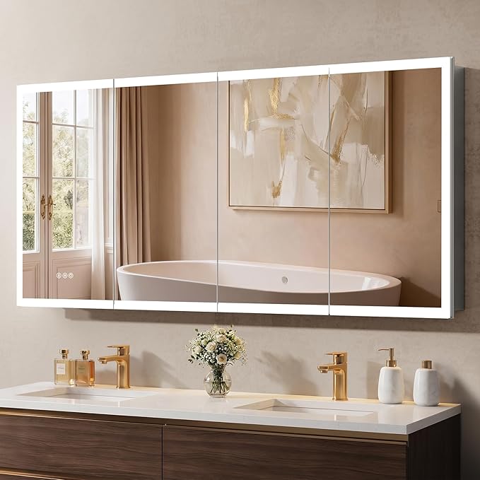 72"x32" Medicine Cabinet Mirror, LED Lighted Medicine Cabinet with Electrical Outlet＆USB, Anti-Fog, 3 Colors Temperature Stepless Dimmable, Aluminum Cabinet for Storage and Mordern Decor