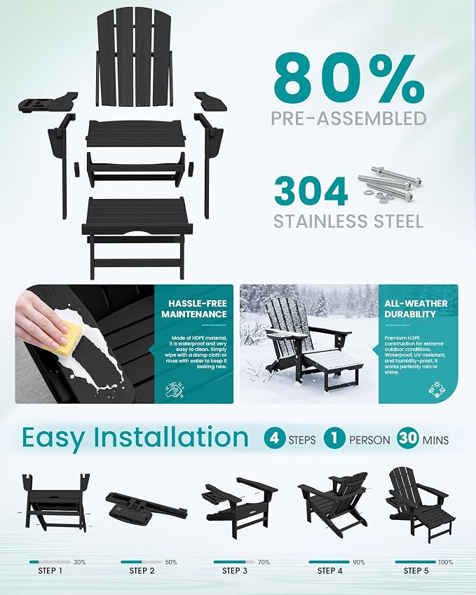 SERWALL Folding Adjustable Adirondack Chair with Footrest, HDPE Outdoor Chair with 4-in-1 Cup Holders, All Weather Adirondack Chair with Ottoman, Black