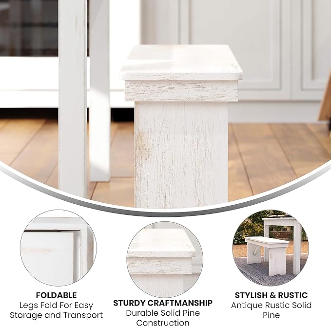 Flash Furniture HERCULES Series 40" x 12" Antique Rustic White Solid Pine Folding Farm Bench