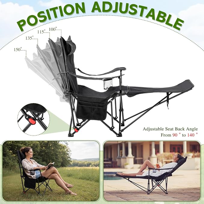 Karenhi 2 Pcs 2-in-1 Reclining Camping Chair with Removable Footrest Folding Recliner Camping Portable Beach Lounge Chair Oxford Fabric Reclining Design with Pillow Pockets Carry Bag