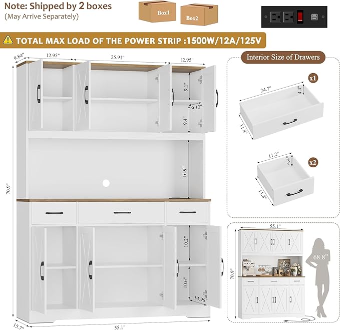 HOSTACK 71" Large Pantry Cabinet with Charging Station, 55" Wide Kitchen Pantry Storage with Drawers and Power Outlet, Tall Kitchen Hutch with Countertop for Kitchen, White
