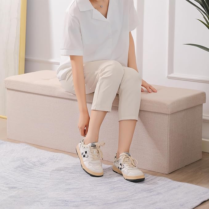 45.3 Inches Storage Ottoman Bench Foldable Seat Footrest Shoe Bench End of Bed Storage with Flipping Lid, 166L Storage Space, Linen Fabric Sandy Beige