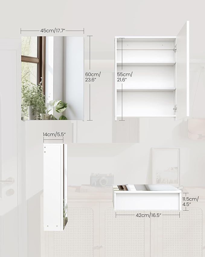 CHOEZON Bathroom Medicine Mirror Cabinet, Wall-Mounted Bathroom Vanity with Mirror, Bathroom Medicine Cabinet with Storage Function, Hanging Storage Cabinet, Adjustable Shelves, White