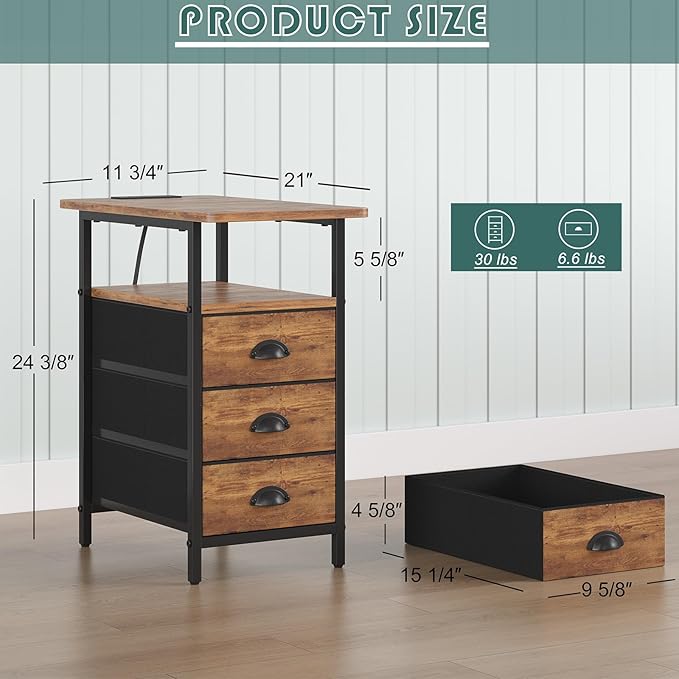 sthmec End Table with Charging Station,LED Side Tables with USB Ports and Outlets,Narrow Nightstands Bedside Tables with 3 Fabric Drawers for Small Space,Slim Sofa Table for Livingroom, Rustic Brown