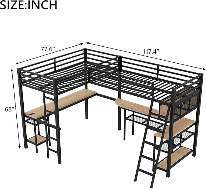 Twin Size Loft Bed with L-Shaped Desk and Storage Shelves, Heavy Duty Metal Loft Bed with LED Lights and and Charging Station for Kids Teens Adults, Saving Space, No Box Spring Needed, Black