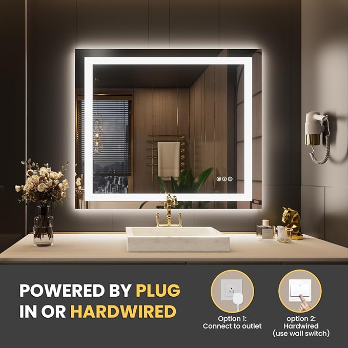 LOAAO 44"X36" LED Mirror for Bathroom, Lighted Bathroom Mirror with Lights, Anti-Fog, Dimmable, Memory Function, Clear Reflection