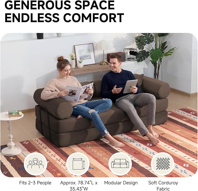 79" Boneless Couches for Living Room, Corduroy Sofa Bed with 2 Pillows,Side Pockets,Hex Arm, 5-in-1 Loveseat Sleeper Sofa for Small Spaces, High-Density Foam Couch, No Assembly, Brown