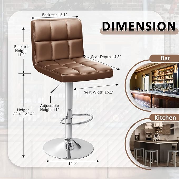 Homall Bar Stools Modern PU Leather Adjustable Swivel Barstools, Armless Hydraulic Kitchen Counter Bar Stool Extra Height Square Island Barstool with Back Set of 2 (Leather, Brown)