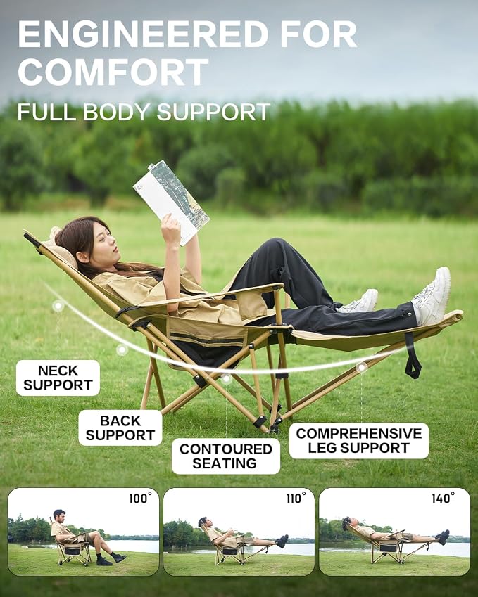 MOBI GARDEN Reclining Camping Chair with Foot Rest, 4-Position Adjustable Folding Lounge Chair for Adults, Portable & Detachable Footrest – Sand - Mesh Back