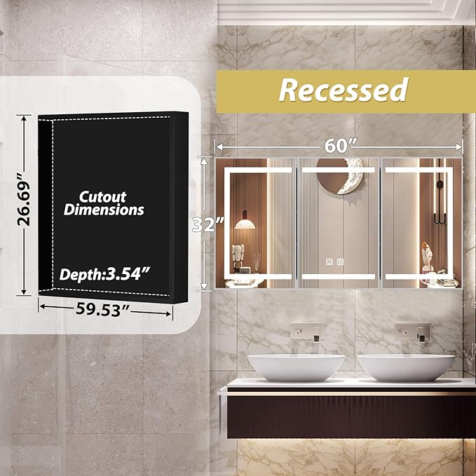 APRILSOUL 60x32 Inch Lighted Bathroom Medicine Cabinet with Mirror, Silver Recessed or Surface Mount Medicine Cabinet Mirror with Storage and LED Lights, 3 Colors Temperature, Dimmable Light