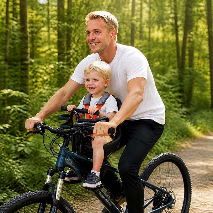 Kids Bike Seat with Guardrail and Thick Soft Padding, Front Mounted Child Bicycle Seat with Foldable Footrests for 0-3 Years Toddlers Bike Seat for MTB