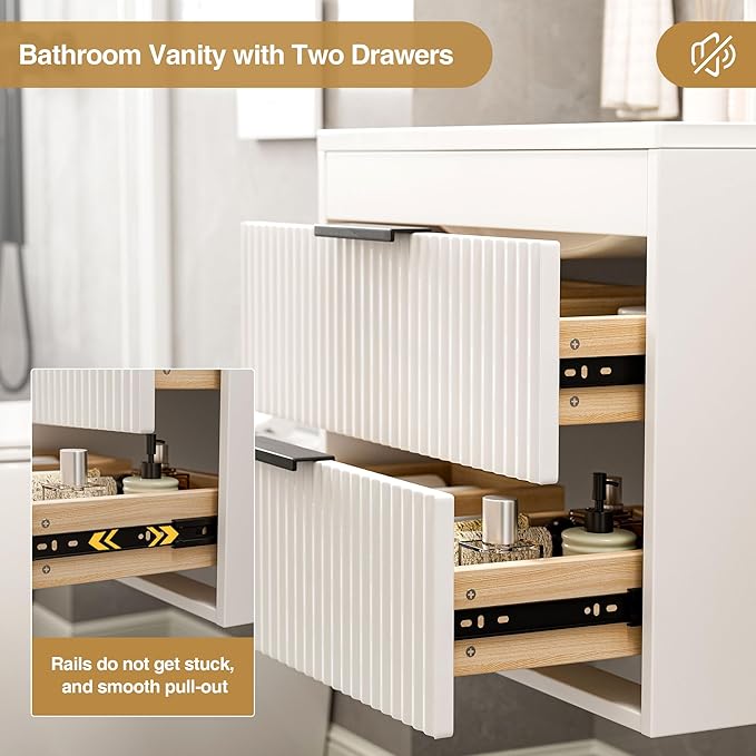 36 Inches Modern MDF Bathroom Vanity with Sink, Wall Mounted Floating Cabinets w/Double Drawers, Black Handles, White Resin Sink Combo Set (White, 36")