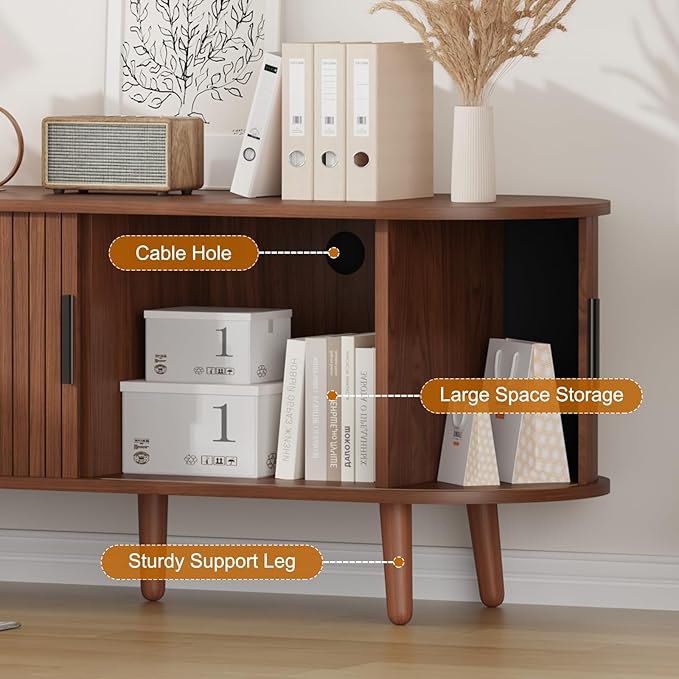 Mid Century Modern TV Stand, 47.2" Media Console Entertainment Center with 4 Storage Compartments & Sliding Doors, Bedroom TV Cabinet for ups to 55 Inch Tvs (Walnut)