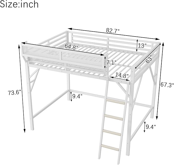 KEIKI Queen Size Metal Loft Bed Frame with Ladder and Built-in Storage Shelves, for Teens, Modern Style Loft Bed with Solid Slats, Guardrail, No Box Spring Required, Easy Assembly, for Bedroom, White