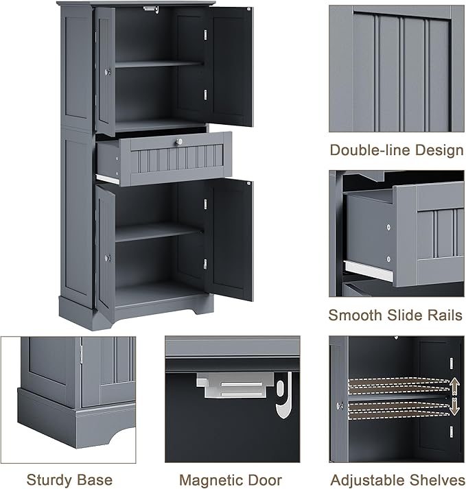 ChooChoo 51" H Tall Bathroom Floor Cabinet, Modern Bathroom Storage Cabinet with Drawer and Adjustable Shelves, Freestanding Kitchen Pantry Cupboard with 4 Doors for Living Room, Grey