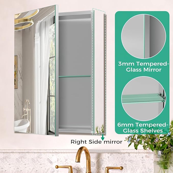 16 x 24 Inch Medicine Cabinet Mirror,Bathroom Mirror Cabinet with Adjustable Shelves,Aluminum Silver Medicine Cabinets for Bathroom,Recessed or Wall Mounted Medicine Cabinets