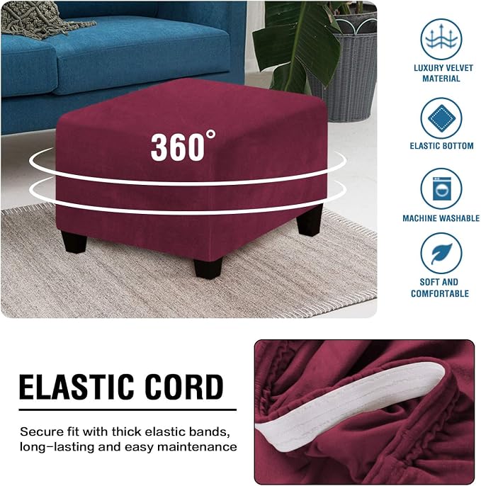 H.VERSAILTEX Square Ottoman Covers Ottoman Slipcover Square Footstool Protector Covers Storage Stool Ottoman Covers Stretch with Elastic Bottom, Feature Real Velvet Plush Fabric, Burgundy