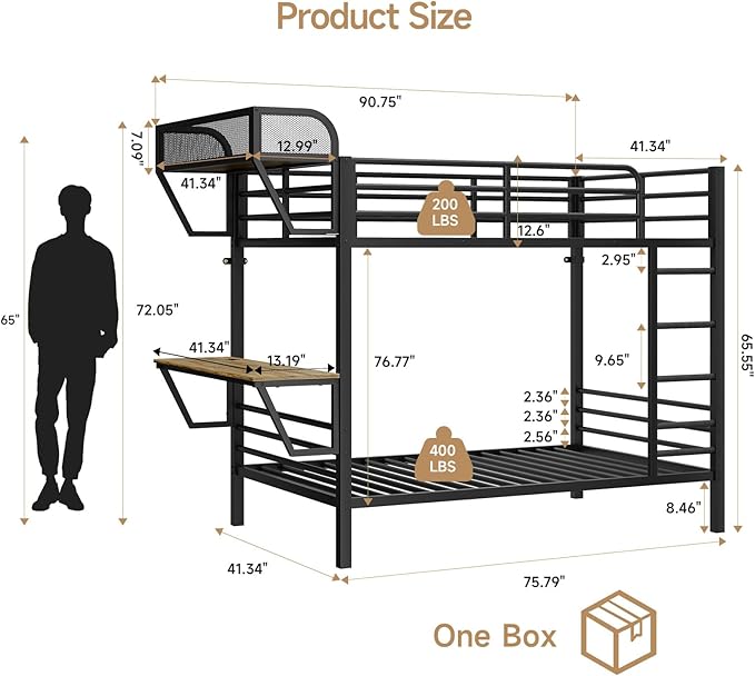 Bunk Bed Twin Over Twin, Metal Bunk Beds with Power Outlets & Desk, Heavy-Duty Bunkbeds Frame with Safety Guardrail & Ladders, Upper Bed with Storage Rack, No Box Spring Needed, for Juniors, Black