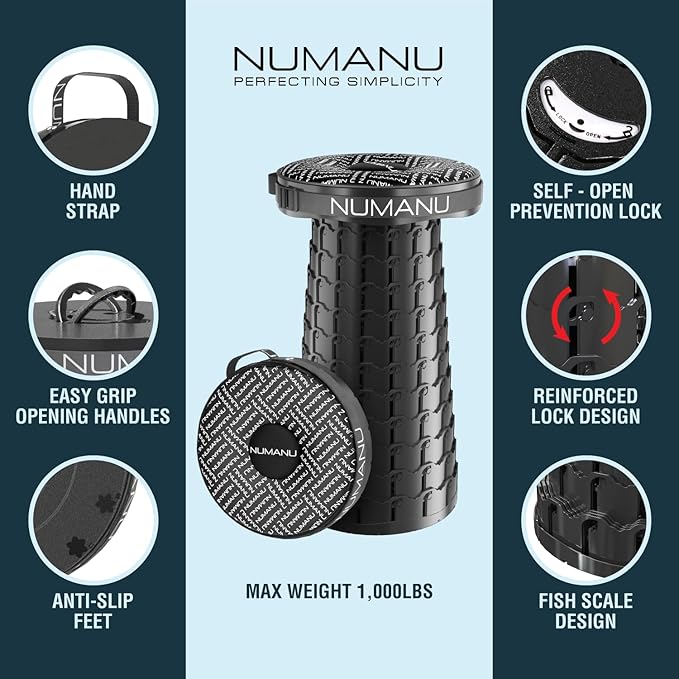 NUMANU 2026 Upgraded 3XL Oversized Collapsible Stool with Cushion & Bag, 1000lbs Max Weight, 23.2" Heavy Duty Portable Retractable Telescoping Folding Seat Chair or Travel Footrest