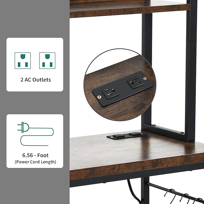 YITAHOME Kitchen Microwave Bakers Stand 31 Inches Wine Rack Free Standing Small w Storage for Liquor Glasses Power Outlet Tall Farmhouse Utility Shelf Pantry Dining Room Coffee Bar Hutch, Rustic Brown