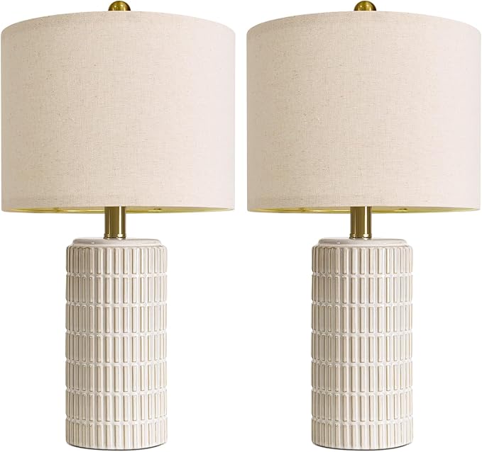PoKat 20.75" Small Modern Ceramic Table Lamps Set of 2 for Bedroom, White Bedside Lamps for Night Stands, Farmhouse Desk Home Decor Gift Nightstand Table Lamps for Living Room End Table Beige