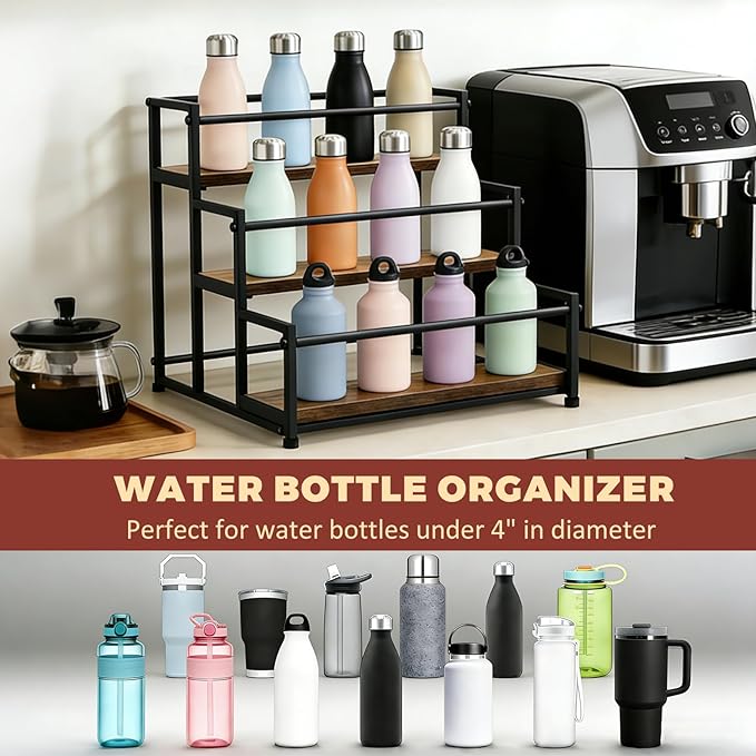 Coffee Syrup Rack Organizer - Metal Bottle Holder for 12 Bottles – Rustic Countertop Display Shelf for Coffee Bar, Kitchen Cabinet, Pantry Storage for Syrups, Liquor, Spice, Tea & Wine (3-Tier)