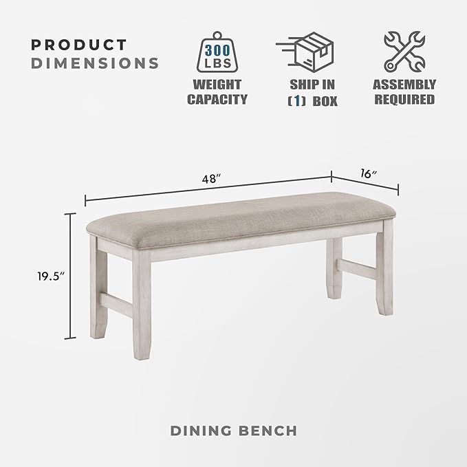 Lexicon Dining Bench with Padded Seat and Wooden Frame, Entryway Bench, Light Gray Textured Fabric Upholstered Dining Seat for Kitchen/Living Room, 19.5" SH, Brushed Antique White