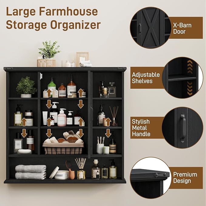 Halitaa Bathroom Wall Cabinet, Farmhouse Medicine Cabinet with Adjustable Shelves and Barn Doors, Large Wall Mounted Over the Toilet Storage Cabinet for Bathroom, Laundry Room, Kitchen, Rustic Black