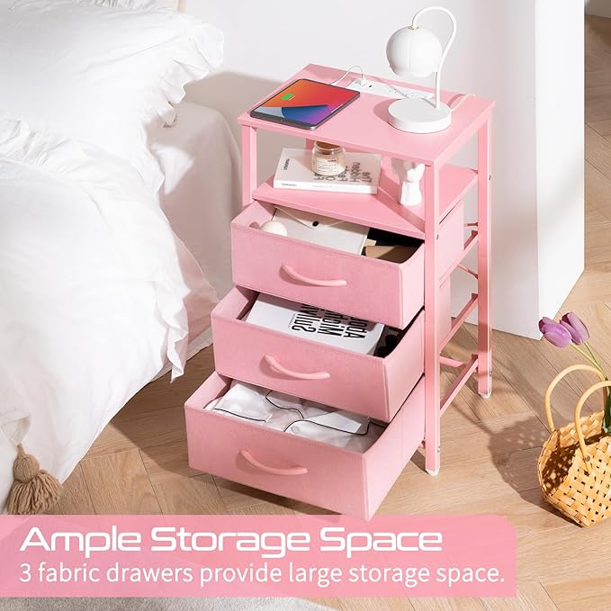 Yoobure Night Stand with Charging Station, 16 Colors LED Nightstand with USB Ports and Outlets, End Table with 3 Fabric Drawers and Storage Shelf, Bedside Tables Small Dresser for Small Space Pink
