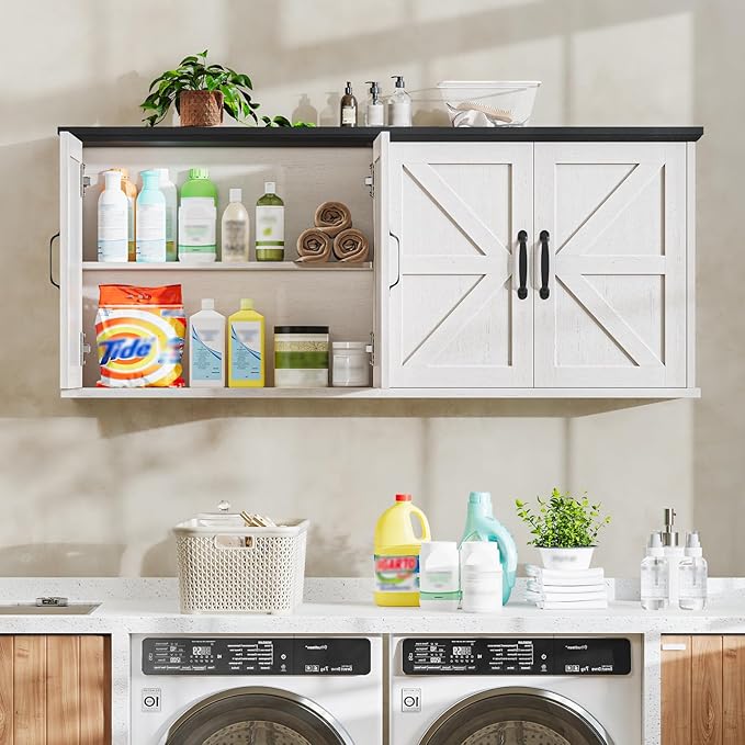 Halitaa 47" Laundry Room Cabinets and Storage with 4 Doors and Utility Adjustable Shelf, Large Wall Mounted Storage Cabinet, Upper Kitchen Cabinet for Laundry, Bathroom, and Kitchen, White and Black