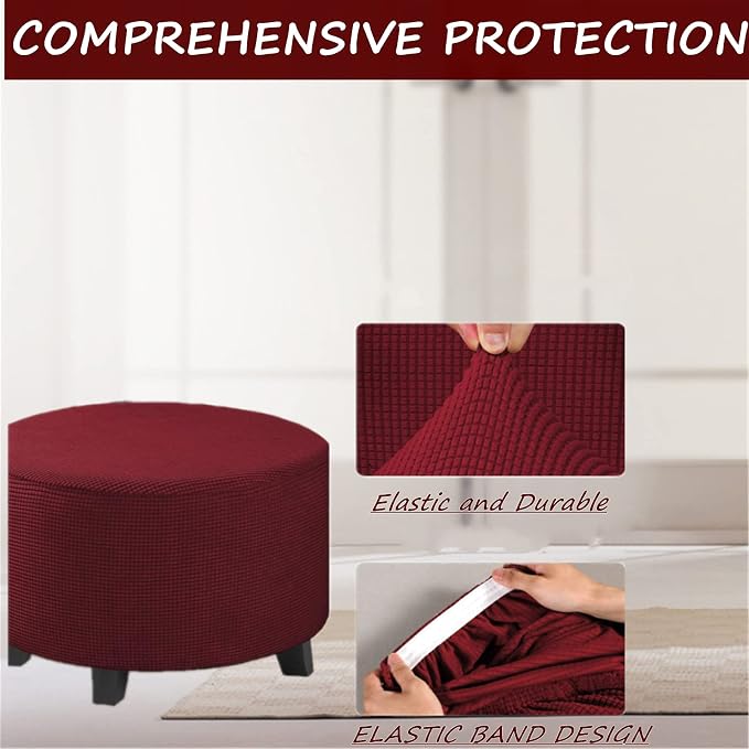 Stretch Ottoman Slipcover – Round Furniture Protector Fits 20"-23" Dia, for Footrests, Storage Ottomans & Folding Stools – Elastic Fabric Cover (Burgundy, Medium)