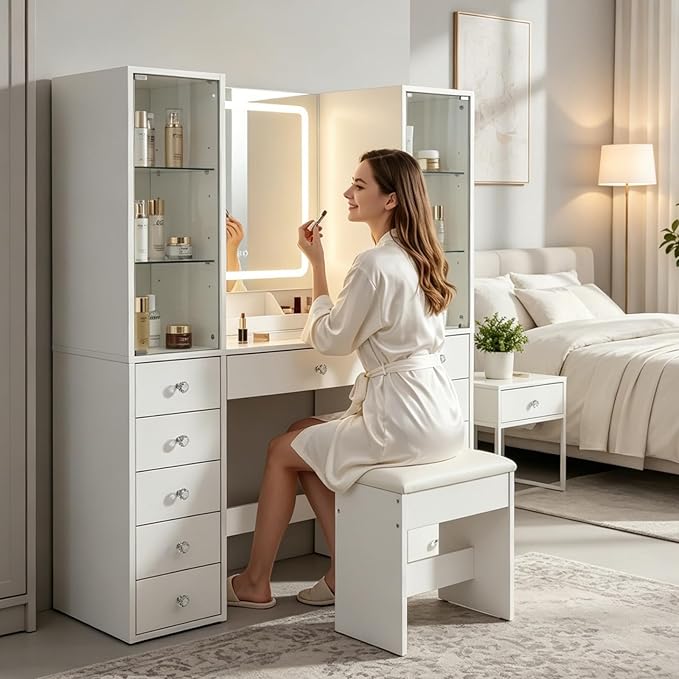 Yanosaku Vanity with 11 Drawers & 2 RBG Lights Cabinets, Makeup Vanity with Mirror and Lights, Vanity Desk with Power Outlet, Tempered Glass Top, Ample Storage, Makeup Vanity Desk for Bedroom, White