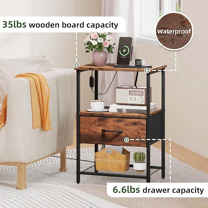 Somdot Nightstand with Charging Station and LED Light for Bedroom, Bedside Table End Table for Dorm Guest Room Bedside Kids Laundry Closet Entryway Hallway, Wood Grain Print