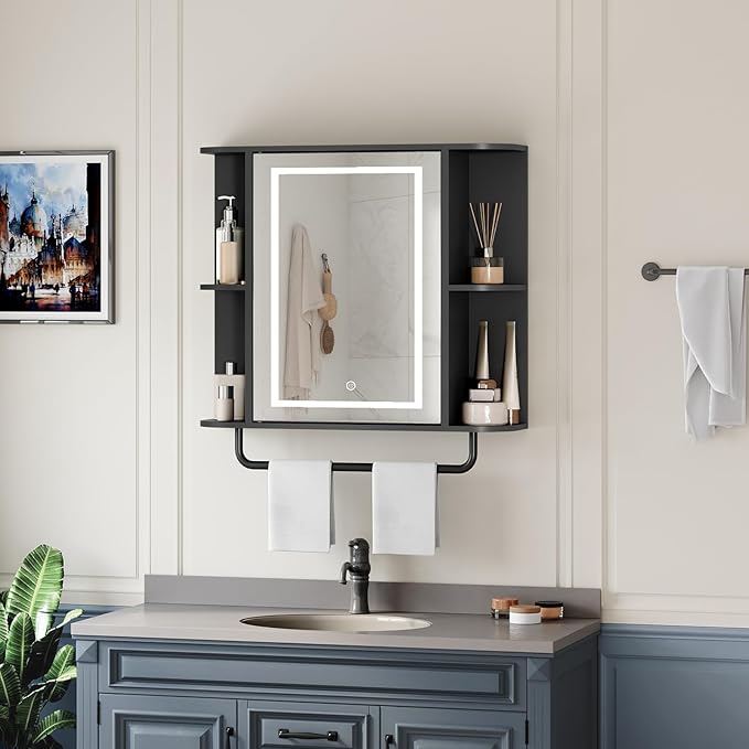 MAHANCRIS Bathroom Wall Cabinet with Mirror, Mirrored Medicine Cabinet with 3 Colors LED Light and 4 Open Shelves, Wall Mounted Storage Cabinets with Adjustable Shelf, 24.7"L x 6.7"W x 26.7"H, Black