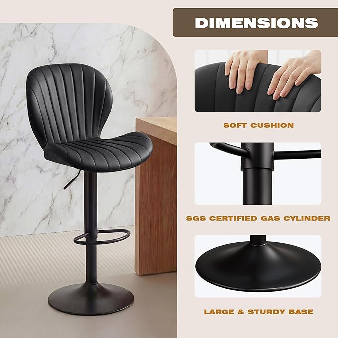 GRUSIGN Bar Stools Set of 4, Modern Swivel Adjustable Bar Chairs, Faux Leather Upholstered Counter Height Bar Stools with Backrest, Comfort Barstools for Kitchen Island, Home Bar, Black