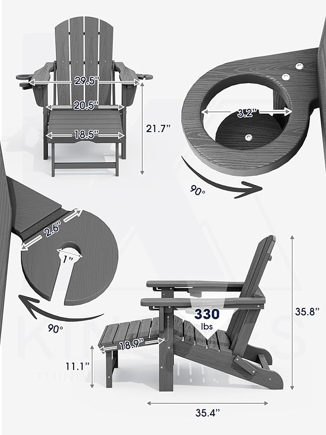 KINGYES Folding Adjustable Adirondack Chair with Retractable Ottoman Set of 2, HDPE All Weather Chair with Cup Holder, Wood-Like Recliner Adirondack Outdoor Chair - Versatile Adirondack Chair, Grey