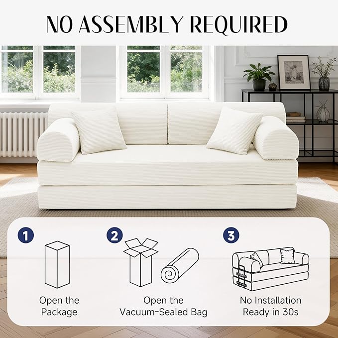 78.8" Convertible Sofa Bed with Detachable Arm Pillow, 6-in-1 Sectional Couches for Living Room, Corduroy Boneless Couch, Sleeper Loveseat Couch Bed, No Assembly, Beige Couch