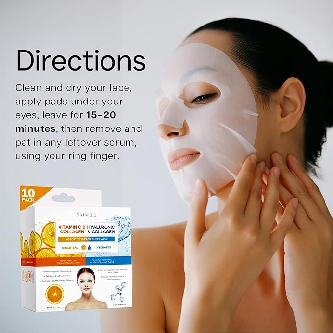 Vitamin C & Hyaluronic Acid Face Mask with Collagen – Dermatologist Tested, Korean Skin Care – Ultra Hydrating & Firming Sheet for Smoother-Looking Skin – Vegan, Clean Beauty – 10 Count