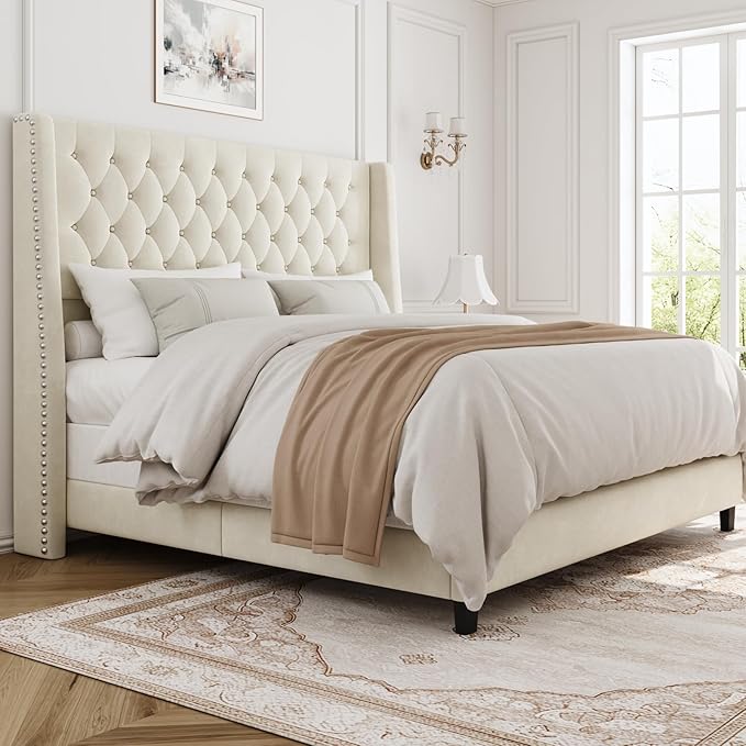 Queen Bed Frame with 55" Tall Headboard, Upholstered Bed Frames, Soft Fabric, Button Tufted Headboard with Windback, Platform Bed, Noise-Free, No Box Spring Needed, Beige