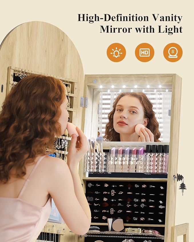 LVSOMT LED Mirror Jewelry Cabinet Standing, Lockable Jewelry Armoire with Arched Full-Length Mirror and Adjustable LED Lights, Space-Saving Jewelry Organizer with Mirror(LED Wood)