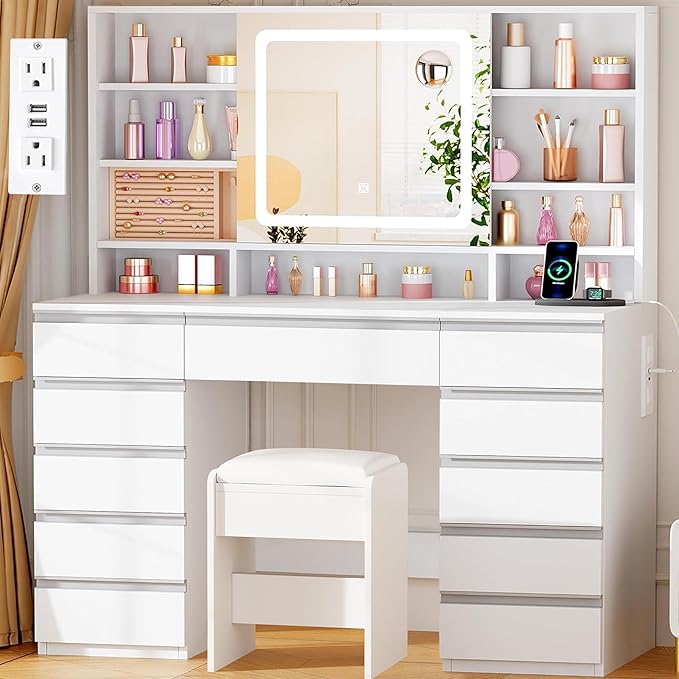ANWBROAD 43'' Large Vanity Desk with Sliding Mirror and Lights, Makeup Vanity Table with Jewelry Organizer,11 Drawers,6 Shelves, 3Color Lights Makeup Desk with Stool and Power Outlet for Girls UBDT98X