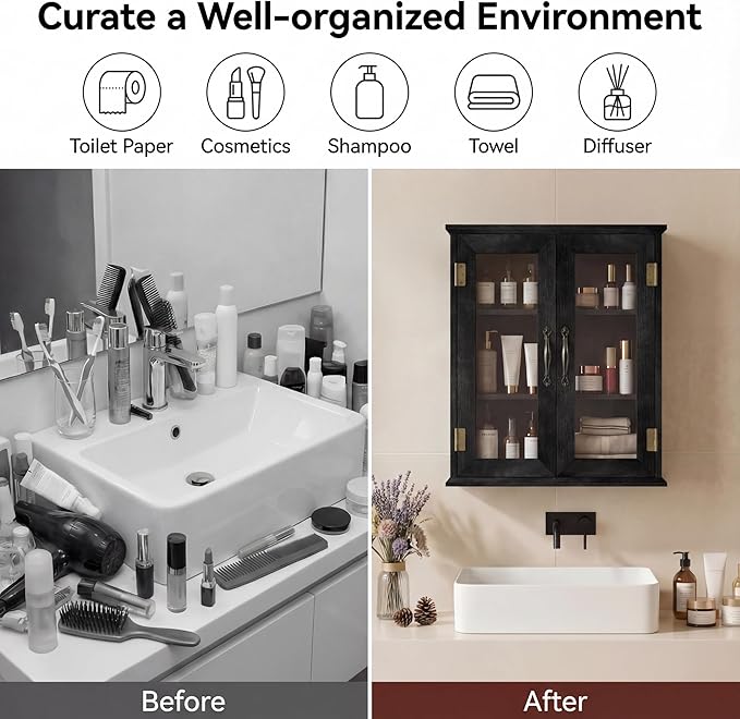ChooChoo Bathroom Wall Cabinet, Medicine Cabinet with Acrylic Doors, Wall Mounted Over The Toilet Storage Cabinet with Adjustable Shelves for Bathroom, Kitchen, and Laundry Room, Black