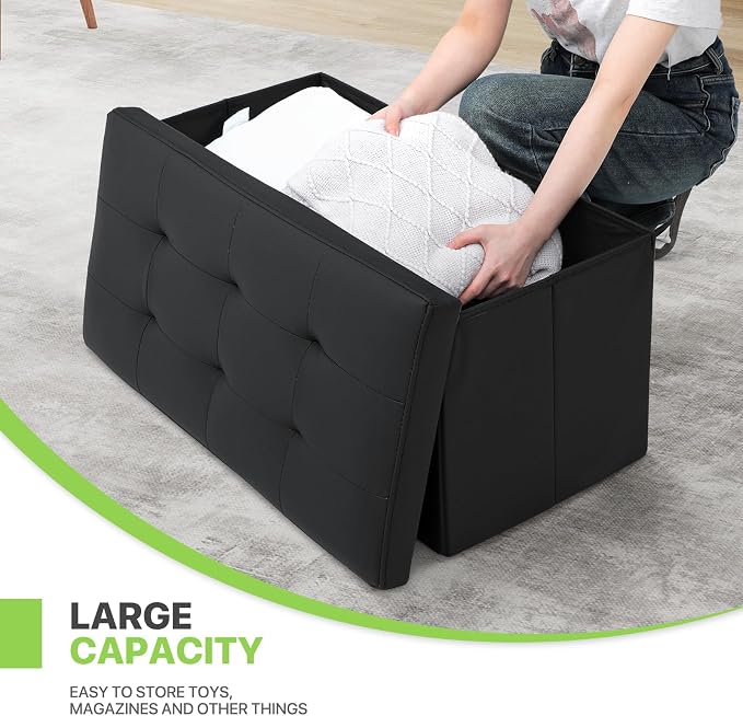 Magshion Folding Storage Ottoman Bench, 30 Inches PU Leather Ottoman Foot Rest, End of Bed Bench, Storage Chest for Living Room, Entryway, Bedroom, 600 lbs Load Capacity, Black
