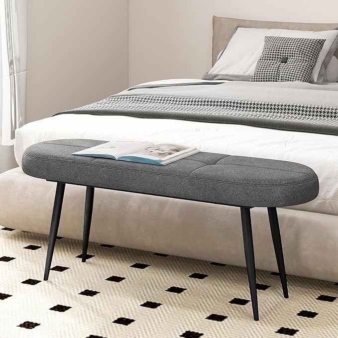 Giantex 47 inch Entryway Bench - End of Bed Bench, Upholstered Bench for Bedroom with Metal Legs, Padded Seat, Long Ottoman for Dining Room, Living Room, Bedroom, Hallway (Gray)