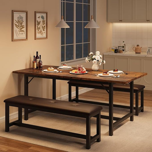 IDEALHOUSE 3 Piece Dining Table Set for 4-6, 63" Extendable Thick Metal Frame Kitchen Table with 2 Upholstered Benches Set for 6, Rectangle Wooden Dinette Table Set for Dining, Apartment, Retro Brown