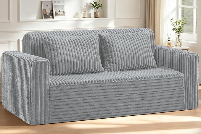 HABUTWAY 78" Loveseat Boneless Couch, 4-in-1 Convertible Sofa Bed, Plush Fur Folding Futon Sofa Bed Couches with 2 Pillows for Living Room, High-Density Foam Support, No Assembly Required, Light Grey