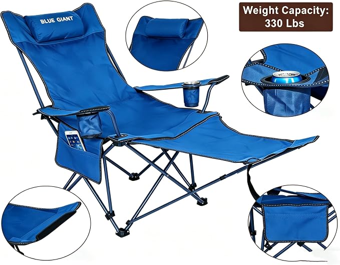2 Pack Adjustable Folding Camping Chairs with Detachable Footrest and Headrest, Lightweight and Portable, Ideal for Hiking, Travel, Fishing and Outdoor Activities (Blue)
